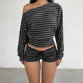 American retrostripesprintingloose shoulder t-shirt women's autumexporteasiest for matchins waist new arrivaltops