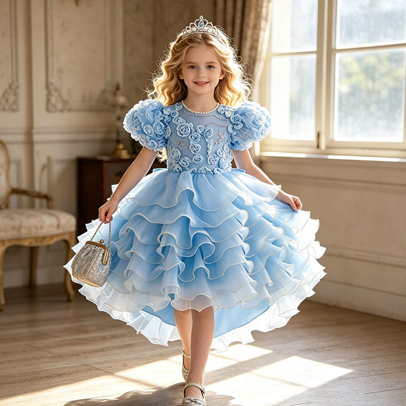 European and american style  girls' dress - high-low hem, train, tiered skirt, bow detail, detachable back - wholesale