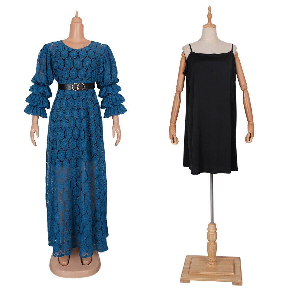 European and american  african robe plus size women's clothing african  cross-border foreign trade round neck lace dress