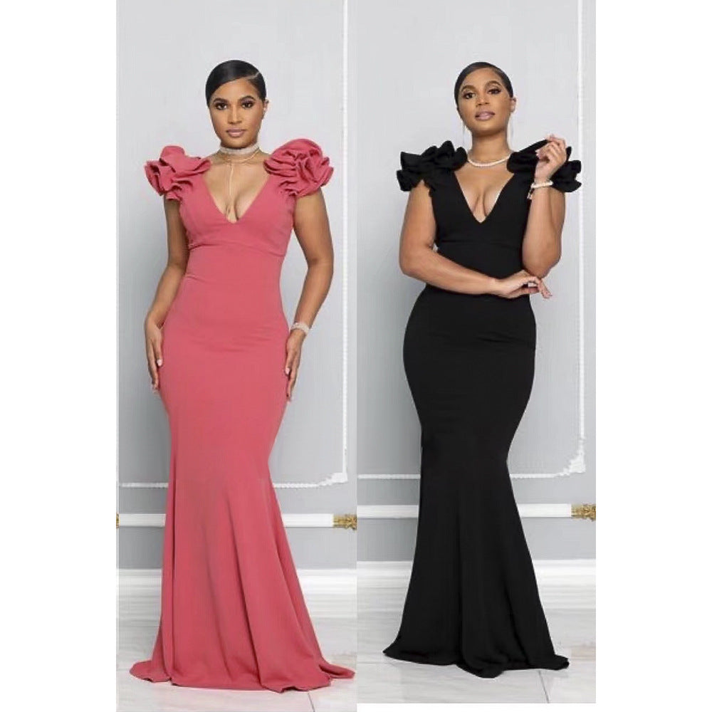 European and american women's clothing    new long dress - figure-flattering, bodycon, african style dress with v-neck and multiple color options
