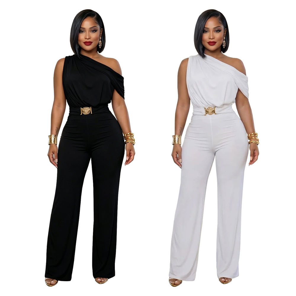 C7718 cross-border   fashion women's elegant one-shoulder belted solid color jumpsuit