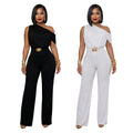 C7718 cross-border   fashion women's elegant one-shoulder belted solid color jumpsuit