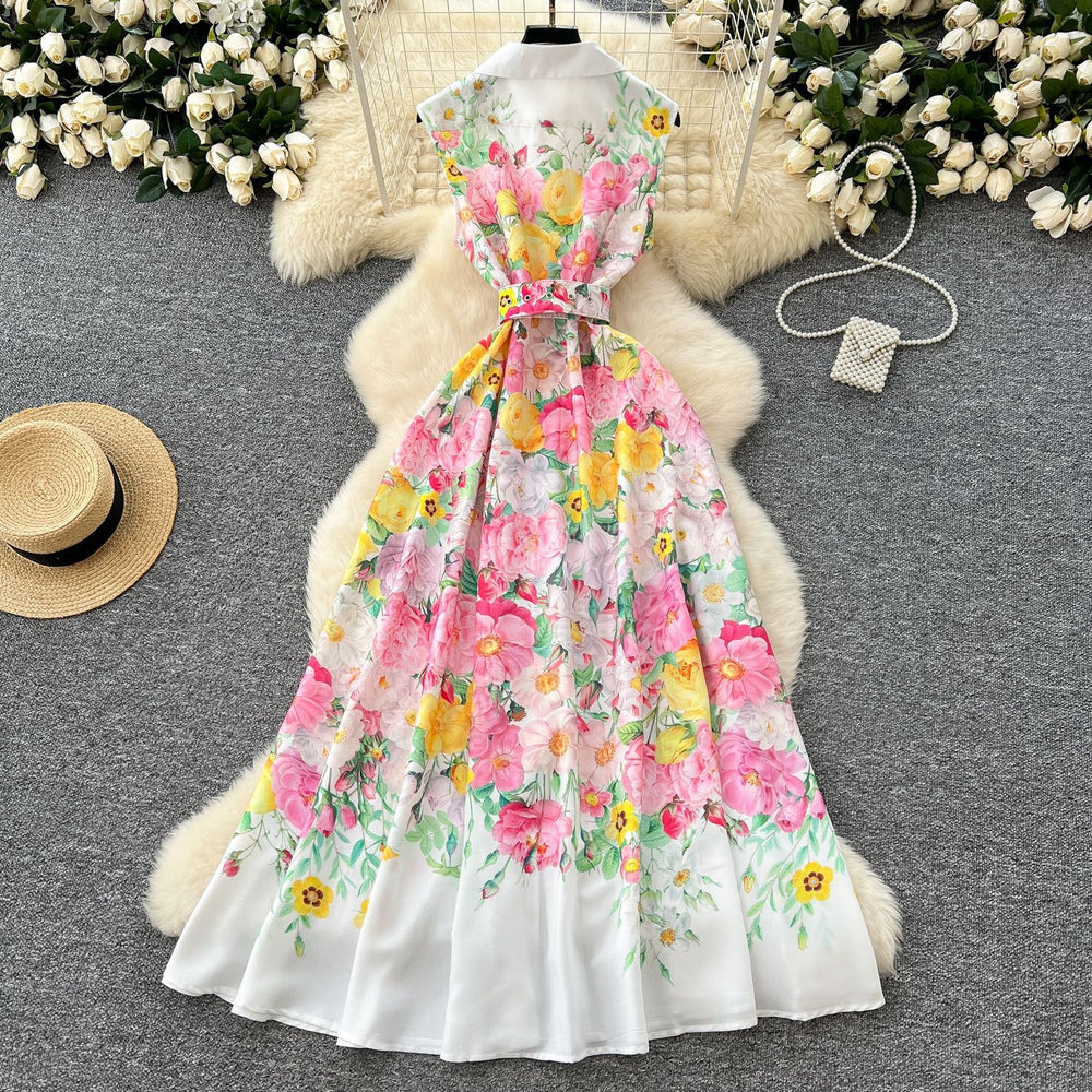 spring new arrival: french chic sleeveless a-line maxi dress with blazer collar, cinched waist, and single-breasted button detail - european & american style print