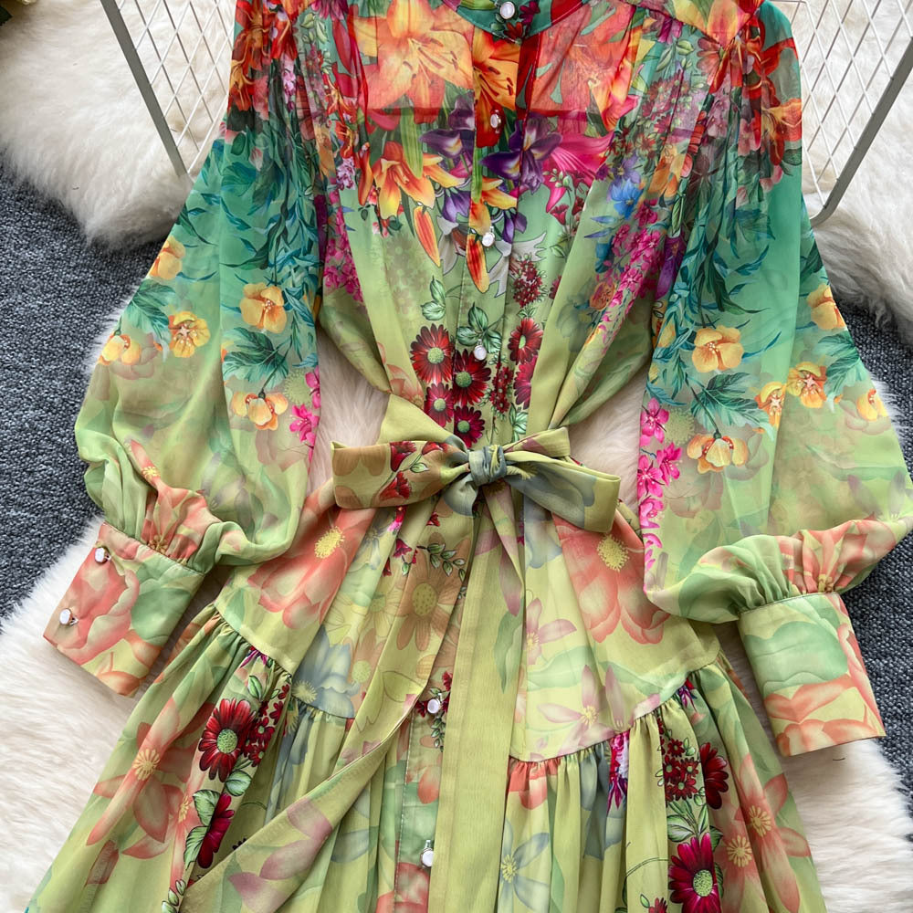European and american style printed lantern sleeve dress - women's summer single-breasted belted slimming high-end design maxi dress