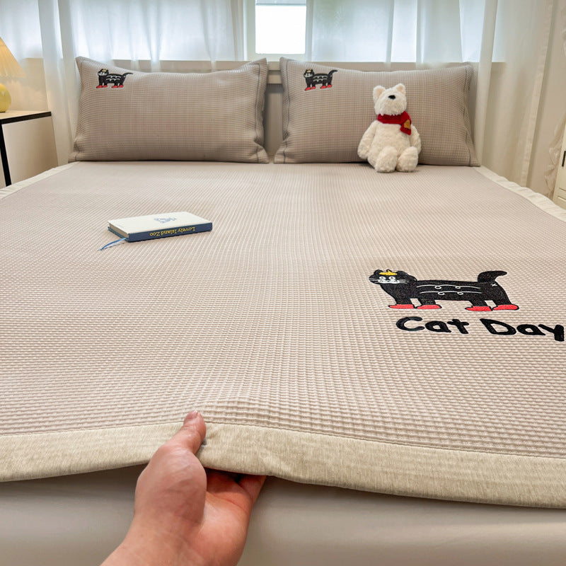 Summer Class A Waffle Cartoon Embroidered Mat Skin-friendly Sleeping Naked Ice Silk Mat Mattress Air Conditioning Soft Mat Cross-border