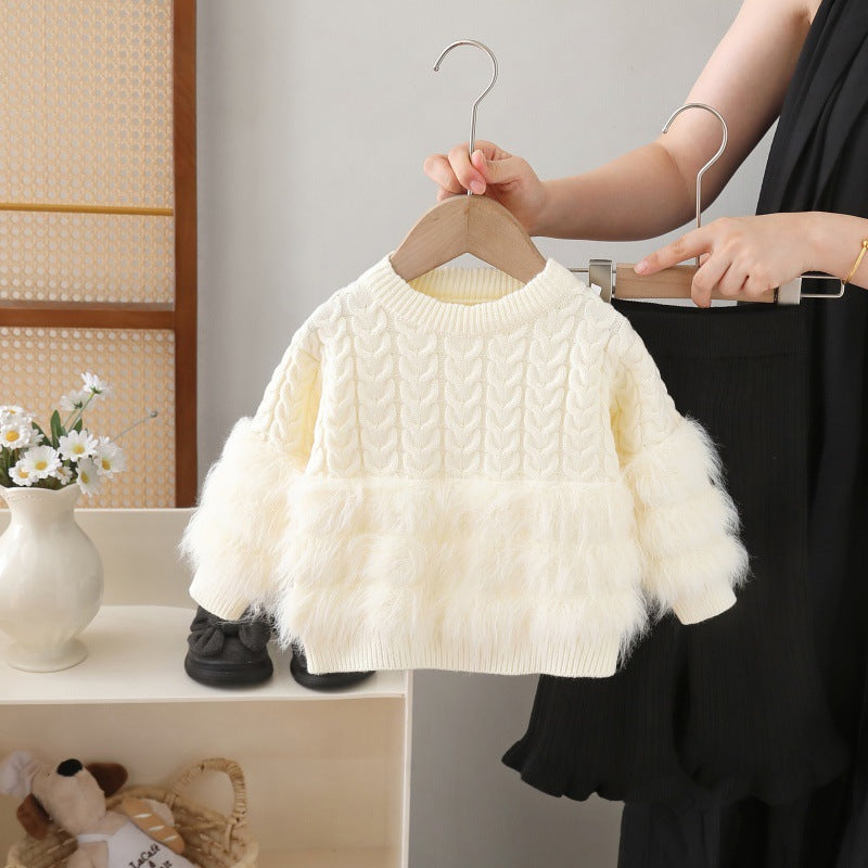 Girls' faux mink two-piece sweater set -  autumn/winter new collection - baby girl crewneck sweater and pants outfit