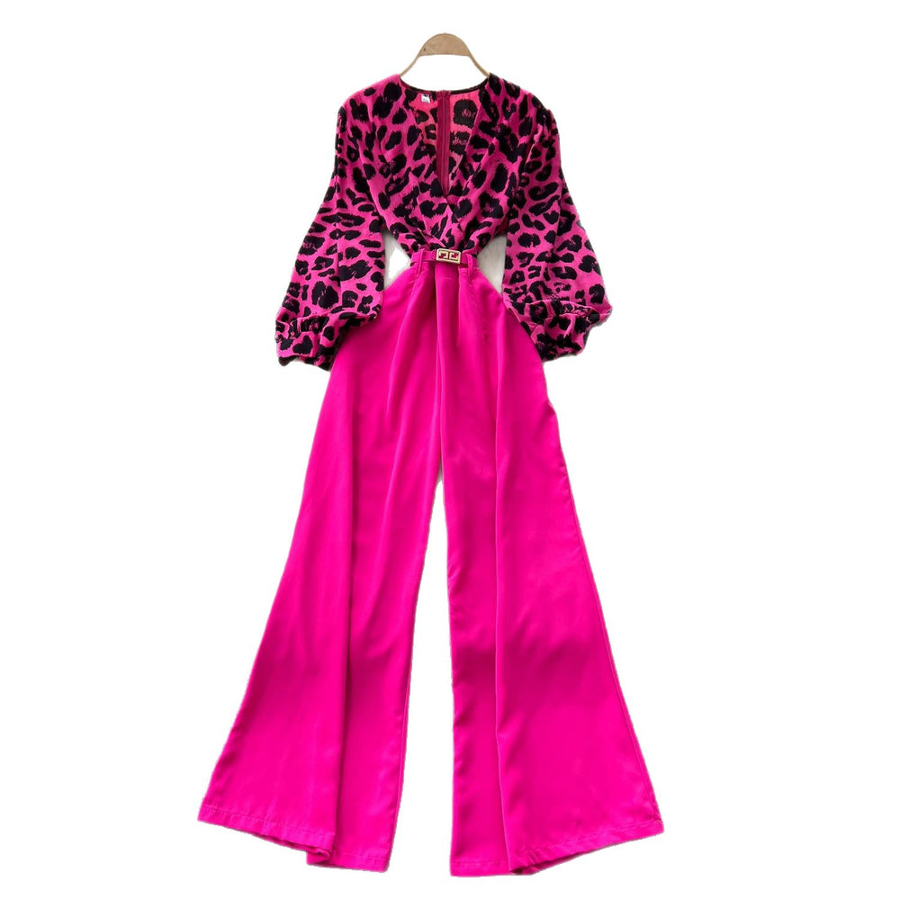 Accessible luxuryfashionclassy sense leopard print jumpsuit women's autumn puff sleeves cross collar wide leg drapedilm slimming look royal sister pants