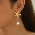 Wholesale faux pearl earrings - european & american style, starfish dangle earrings for women, unique & exaggerated, niche & affordable luxury, autumn/winter gold stud earrings
