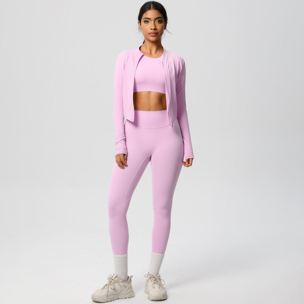 European and american style solid color seamless brushed yoga set - tight-fitting, quick-drying, butt-lifting workout running fitness three-piece set