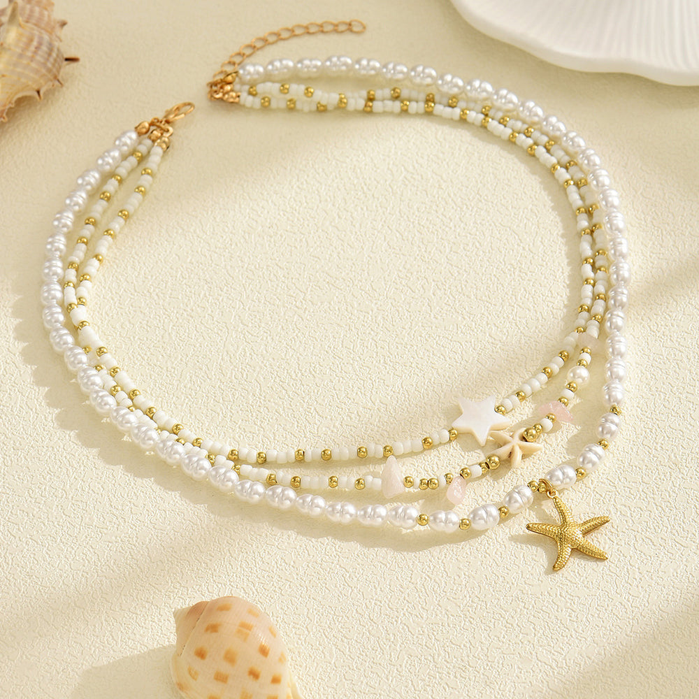Wholesale resort-style necklaces, european and american cross-border niche luxury accessories, bohemian-style pearl and starfish sweater chains