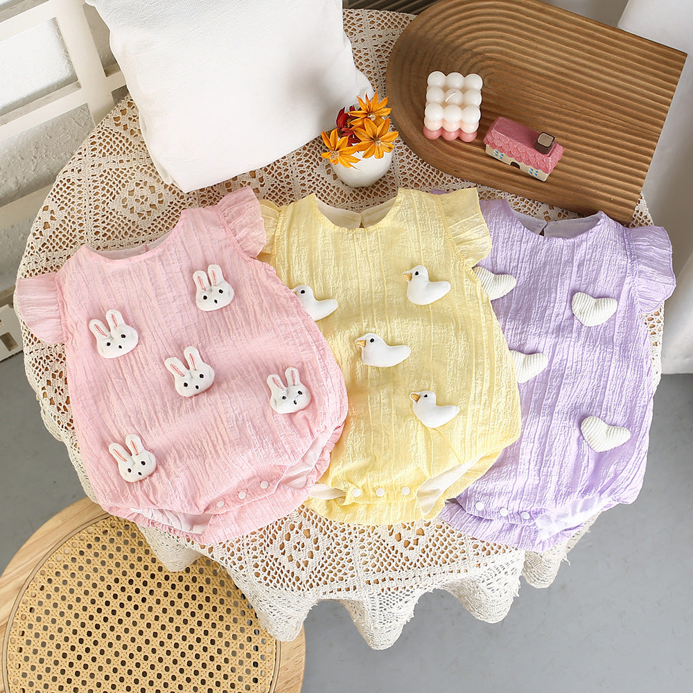 Infant and toddler thin summer style flying sleeve bag butt baby girl romper hoodie newborn cartoon style one-piece hoodie