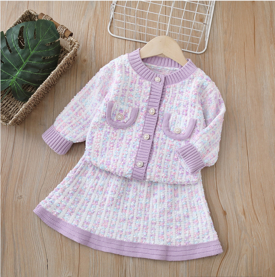 Girls' chanel-inspired two-piece autumn outfit: baby girl's jacket and cardigan sweater set