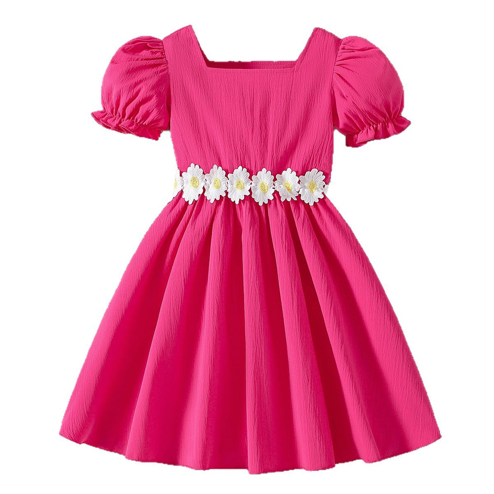 Exportsummergirldress pink square neck puff sleeves daisy belt waist a-line kids sweet skirt