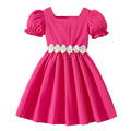 Exportsummergirldress pink square neck puff sleeves daisy belt waist a-line kids sweet skirt