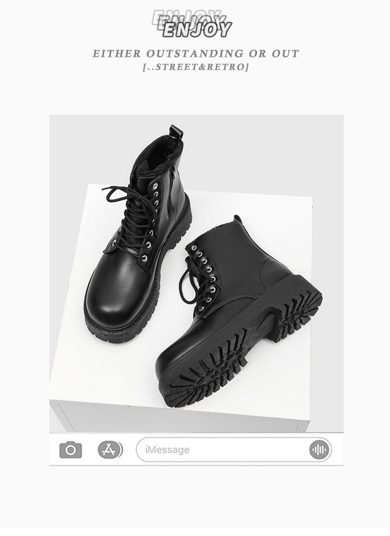 Men's martin boots: british style black high-top leather shoes, new mid-top motorcycle boots, fleece-lined warm height-increasing leather boots