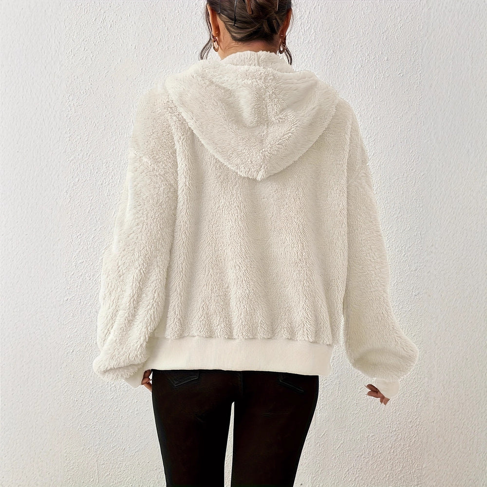women's casual hooded fleece jacket warm long sleeve outerwear - minimalist style hooded zip-up jacket