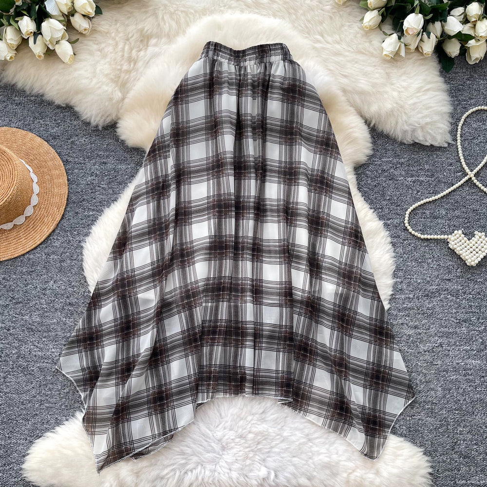 Vintage plaid patchwork a-line midi skirt - women's summer high-waisted slimming commute skirt with elastic waistband