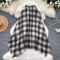 Vintage plaid patchwork a-line midi skirt - women's summer high-waisted slimming commute skirt with elastic waistband