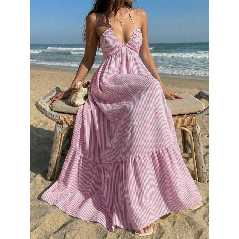 Amazon  summer new arrival: printed beach vacation style v-neck halter backless tie-up dress for women