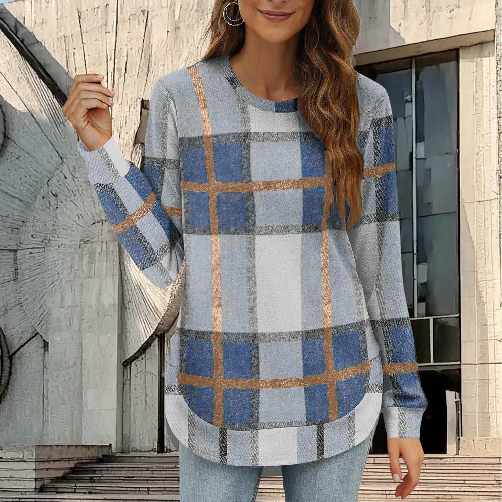 new women's casual loose plaid long sleeve crew neck irregular hem top - perfect for cross-border  sales