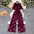 Vintage polka dot v-neck ruched trendy jumpsuit - women's  summer high-waisted slimming wide leg straight leg pants
