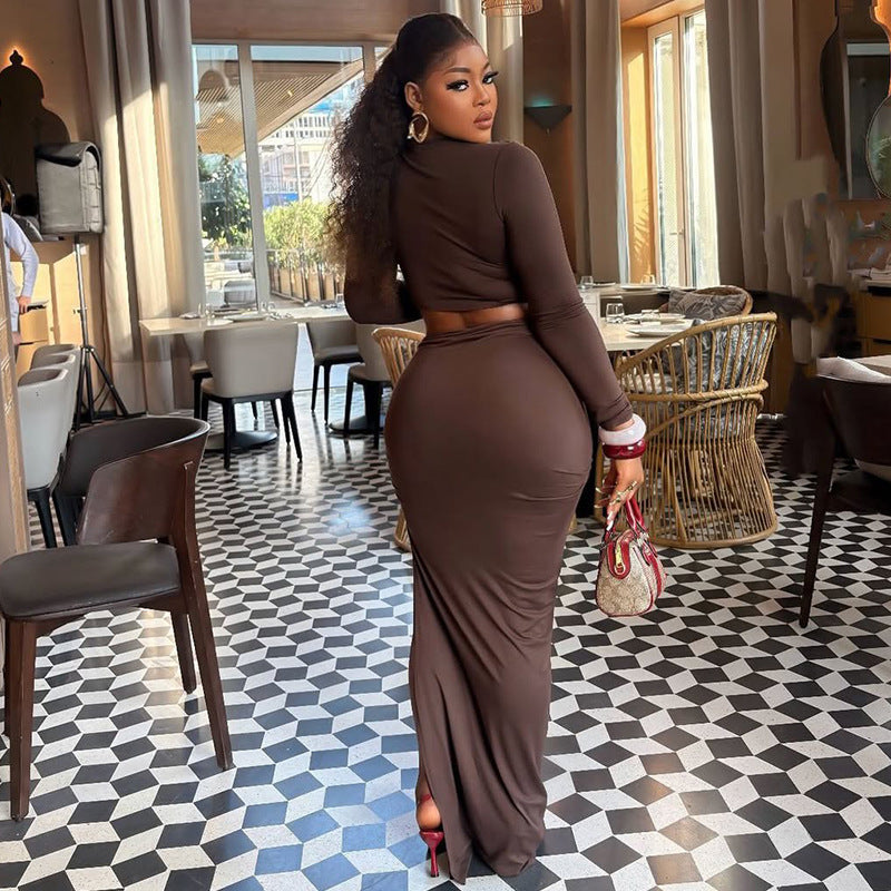 Fashion style insexportpure colorcasual women's hip-covering vacation skirt suitu-neck long sleeves chest-wrapped slit two-piece set