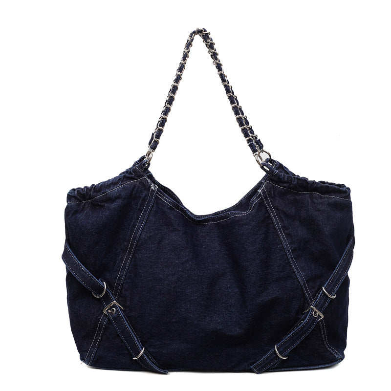 Autumn new arrival: large capacity denim tote bag - british style student school bag, shoulder bag, niche trendy handbag