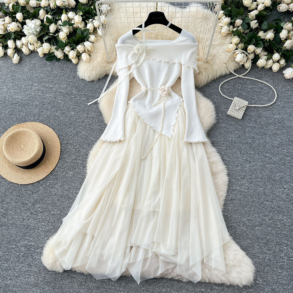French chic floral collar long sleeve knit & mesh asymmetrical fairy dress - trendy & fluffy