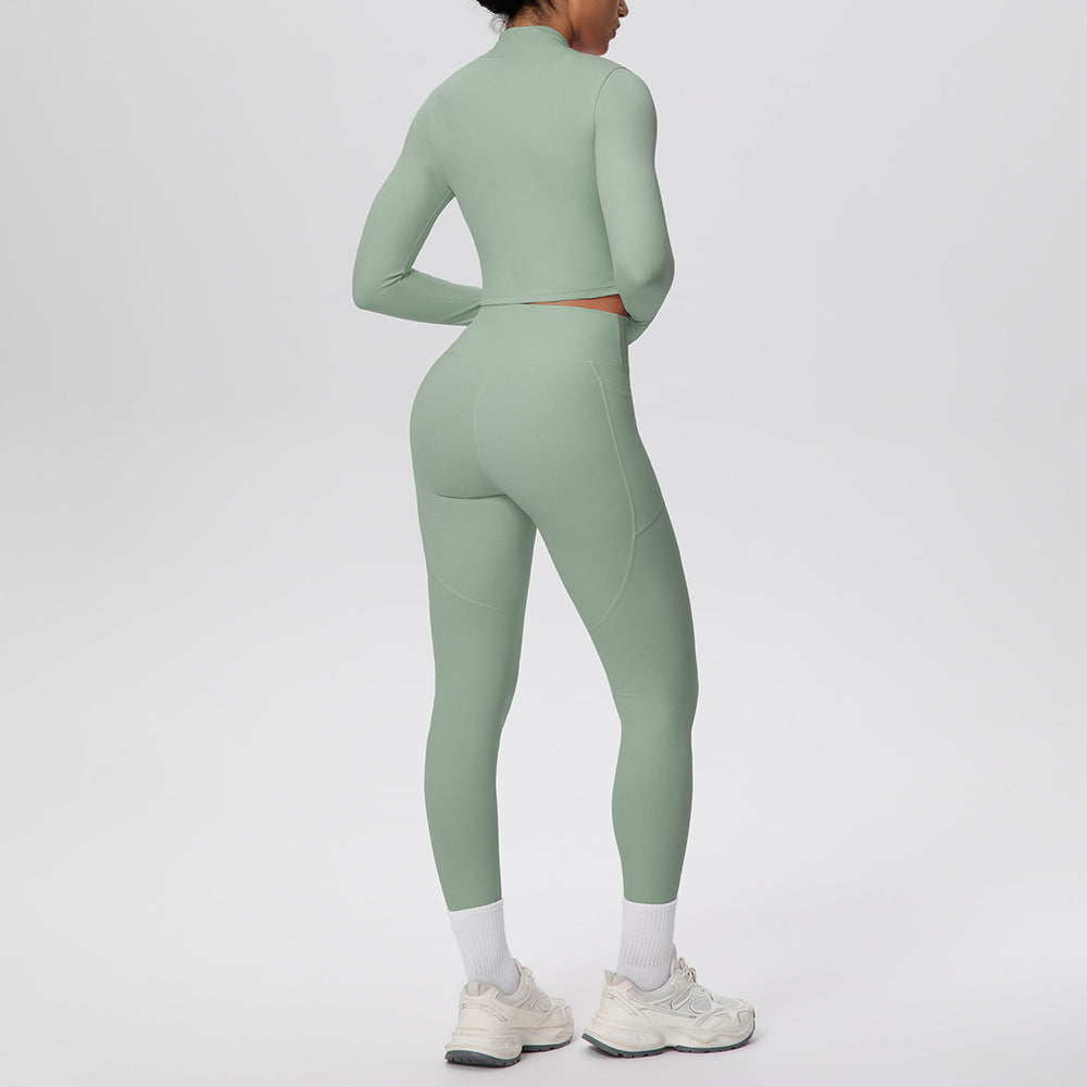 Cropped zip-up yoga set: high-waisted, butt-lifting leggings with pockets - perfect for running, fitness, and casual wear