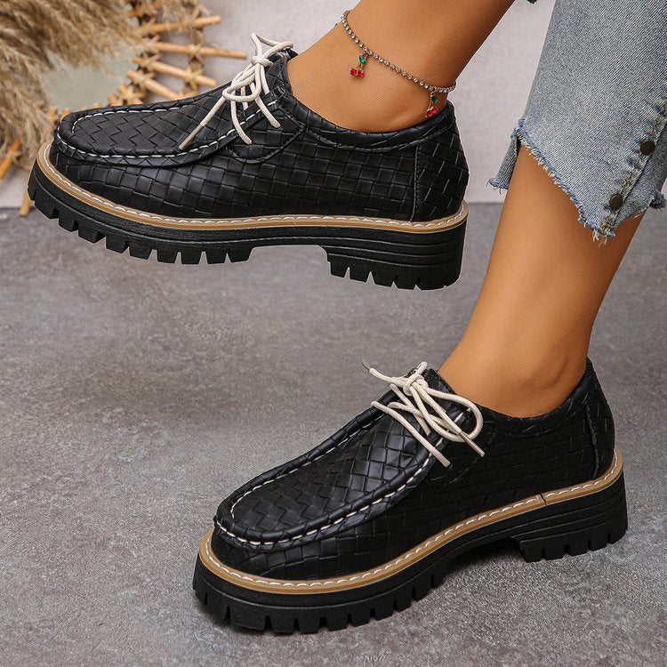 autumn women's casual leather loafers: comfortable round toe, chunky heel, retro style, soft leather, lace-up, platform sole