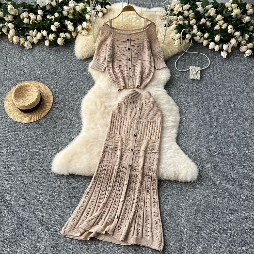 Niche styleretrocut out hook flower off-shoulder suspender knitting shirttopstwo-piece set women's easiest for match medium long skirt