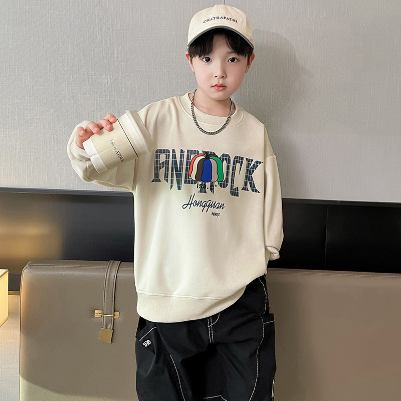 spring new boys' casual oversized drop shoulder pumpkin letter print long sleeve sweatshirt (sizes for mid-to-large children)