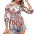cross-border code new arrival  women's original elegant v-neck printed long sleeve casual blouse
