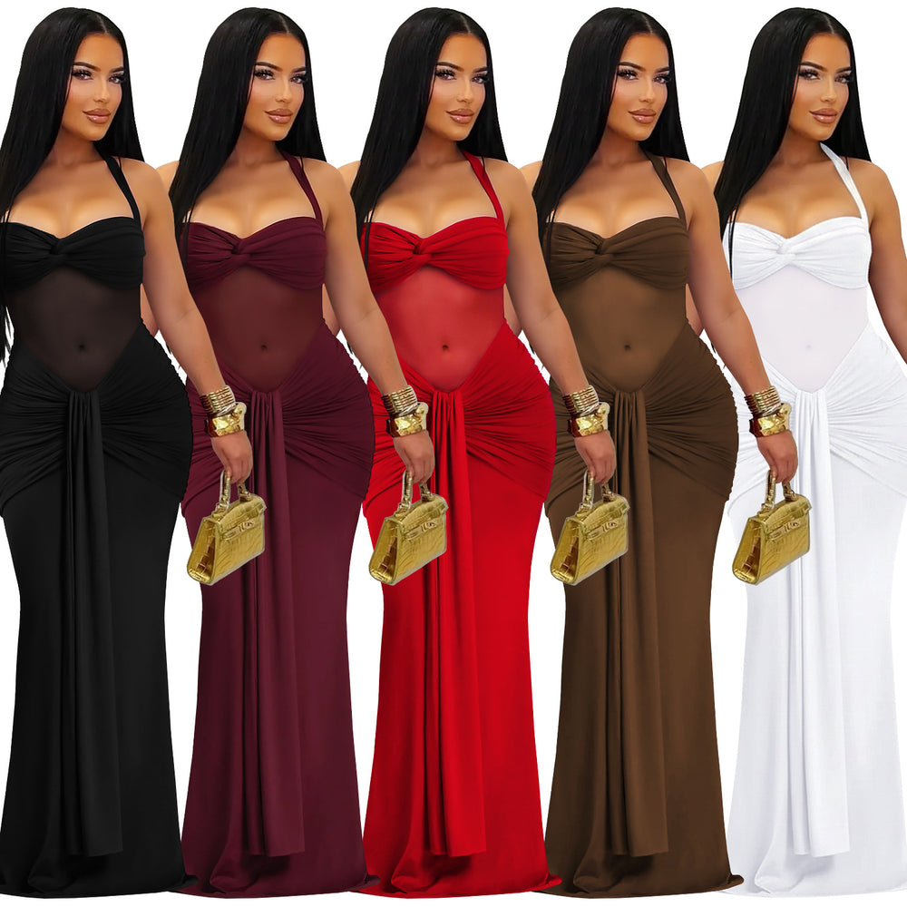 C7608 cross-border   fashion women's sexy see-through mesh halter tie-up dress