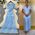 French style beaded knit dress - women's short sleeve high waist a-line dress - slimming, commute-friendly, elegant maxi dress