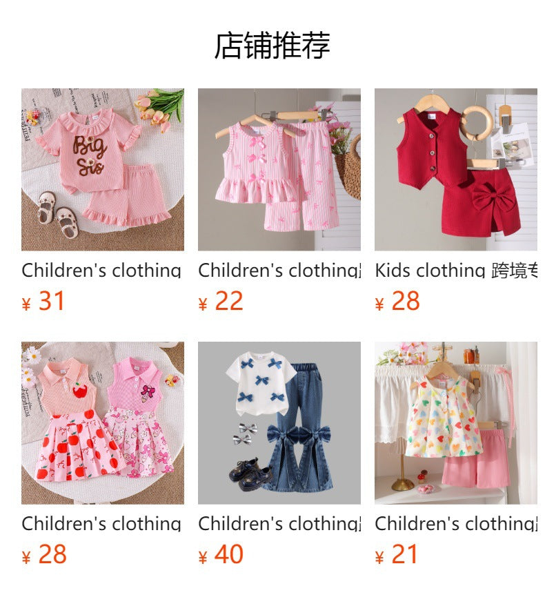 Children's clothing cross-border european and american girls black short-sleeved t-shirt + blue suspender shorts two pieces