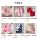 Children's clothing cross-border european and american girls black short-sleeved t-shirt + blue suspender shorts two pieces