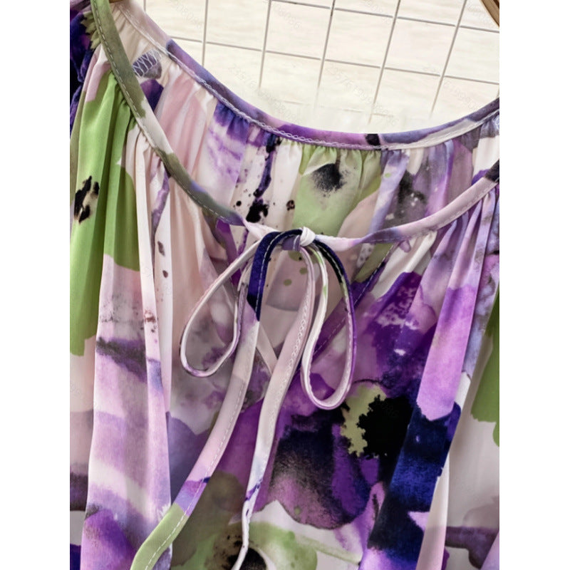 Women's autumn elegant floral print patchwork tiered hem belted lantern sleeve dress