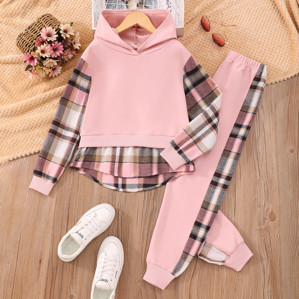 Children's long-sleeved plaid hooded suit