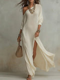 summer european and american cross-border independent station new arrivalelegancelong sleevesknitting pleated slit women's dress