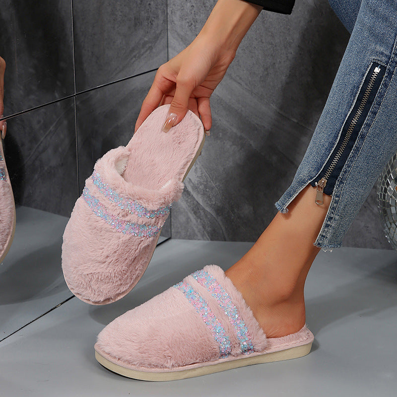 2024 fuzzy slippers for women, winter home wear, warm, street vendor style, "stomping on shit" comfort, rhinestone couple's home cotton slippers, women's outdoor wear