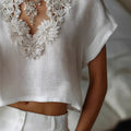 Amazon european cotton linen casual solid color stand collar shirt women's  summer new slimming short top