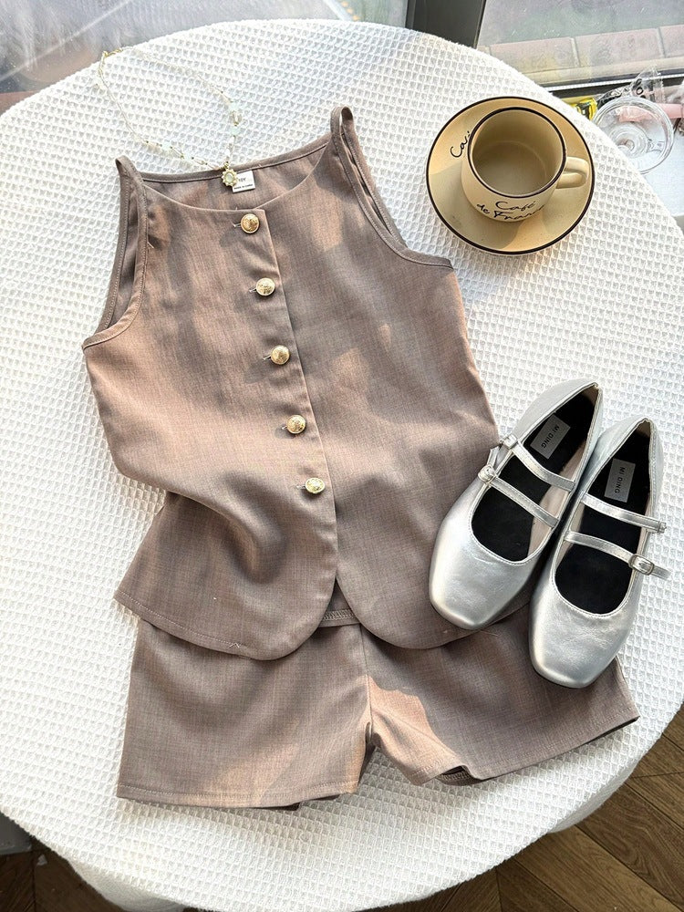 Girls' korean style gentle & elegant high-end suit: light coffee color exquisite gold buckle vest + matching shorts set