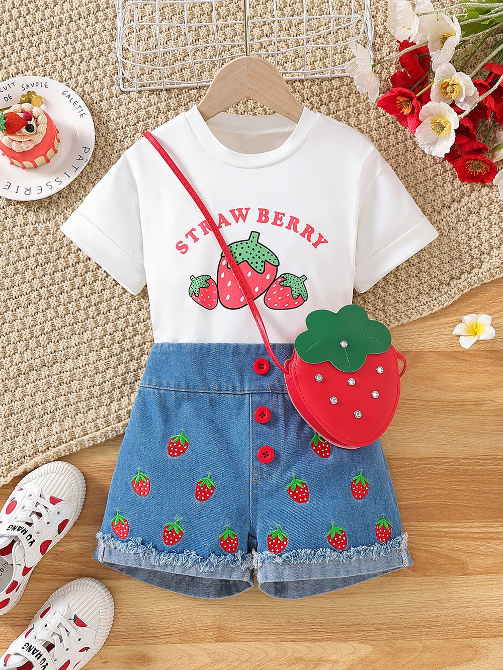 hot selling girls' crew neck printed tee + strawberry print denim shorts + bag set for little girls