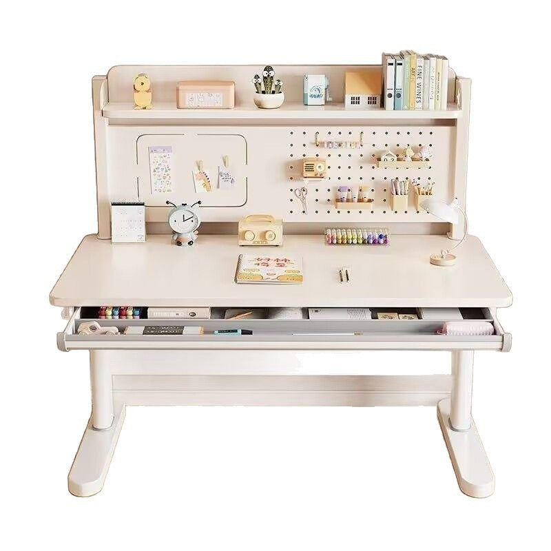 Children's study table solid wood hand-operated adjustable large white table for home bedroom primary school students study desk and chair study table