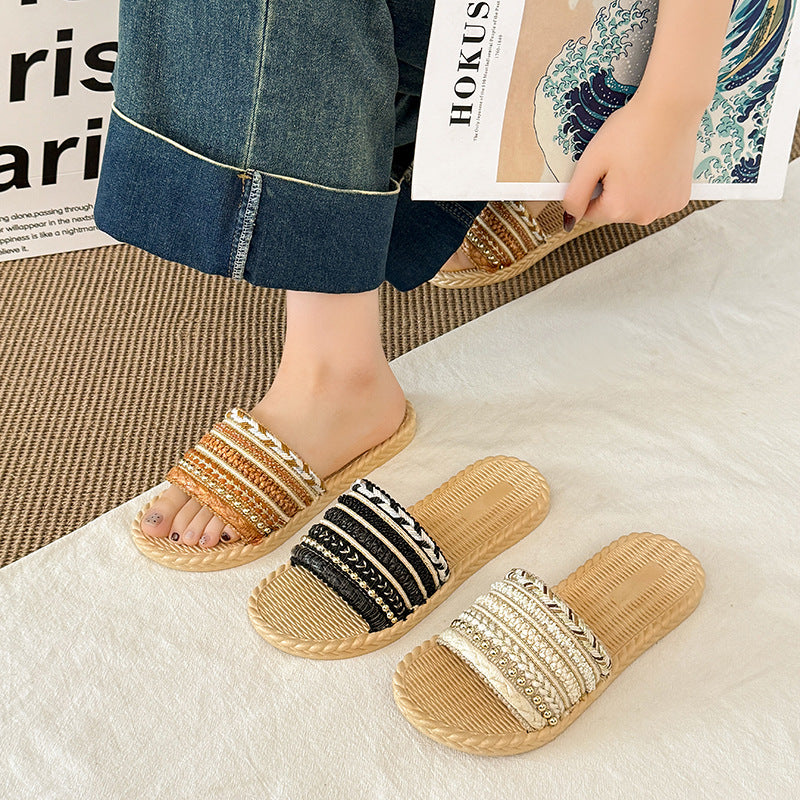 Summer new arrival: faux straw flat sandals - bohemian style lightweight beach slippers - women's sandals in stock
