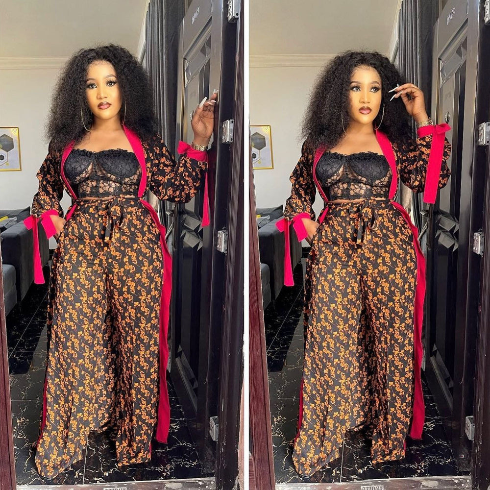 European and american style african digital print robe and cape set with printed loose wide-leg pants and belt - special offer