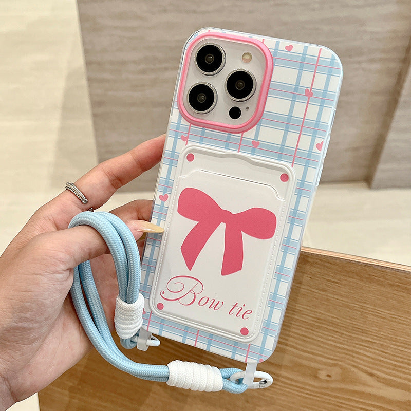 Suitable for iphone16pro card holder lanyard penguin painting mobile phone case apple x/13 bow tpu protective cover