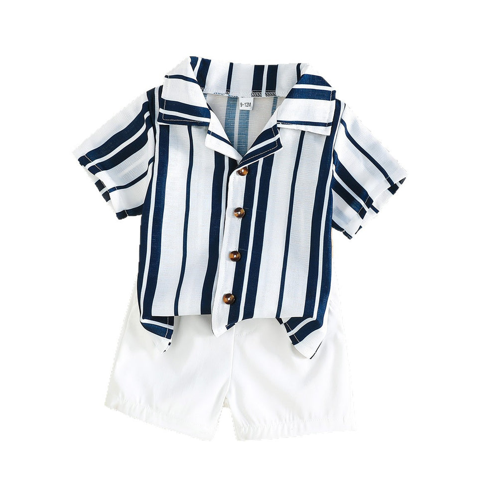 cross-border bestseller: baby & toddler casual shirt set - breathable pinstripe top + solid color shorts