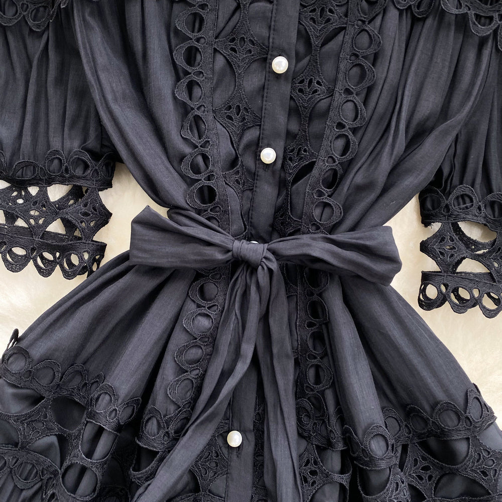 French retro court style dress - elegant stand collar pearl single-breasted hollow-out lace patchwork gown for women